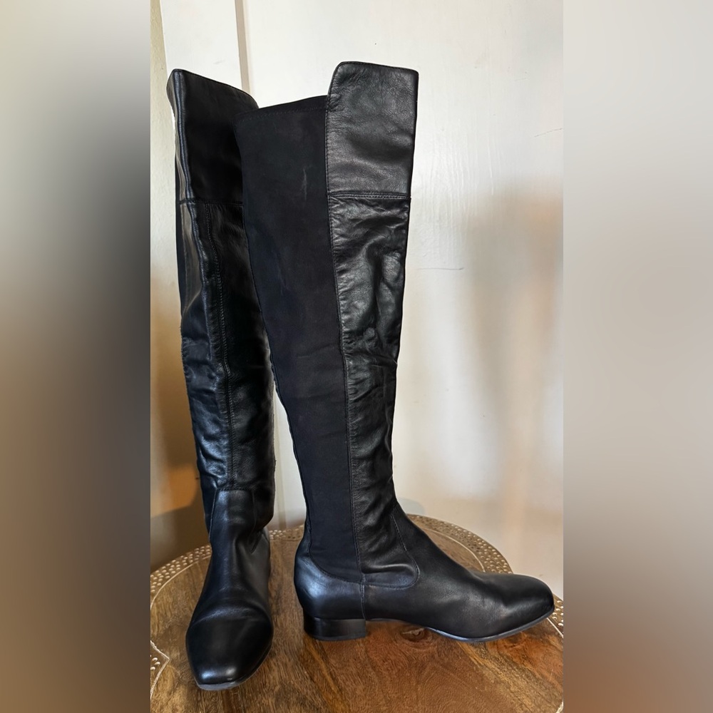 Louise Et Cie Andora Knee High 50/50 two tone leather flat riding boot noir goth - Picture 3 of 12
